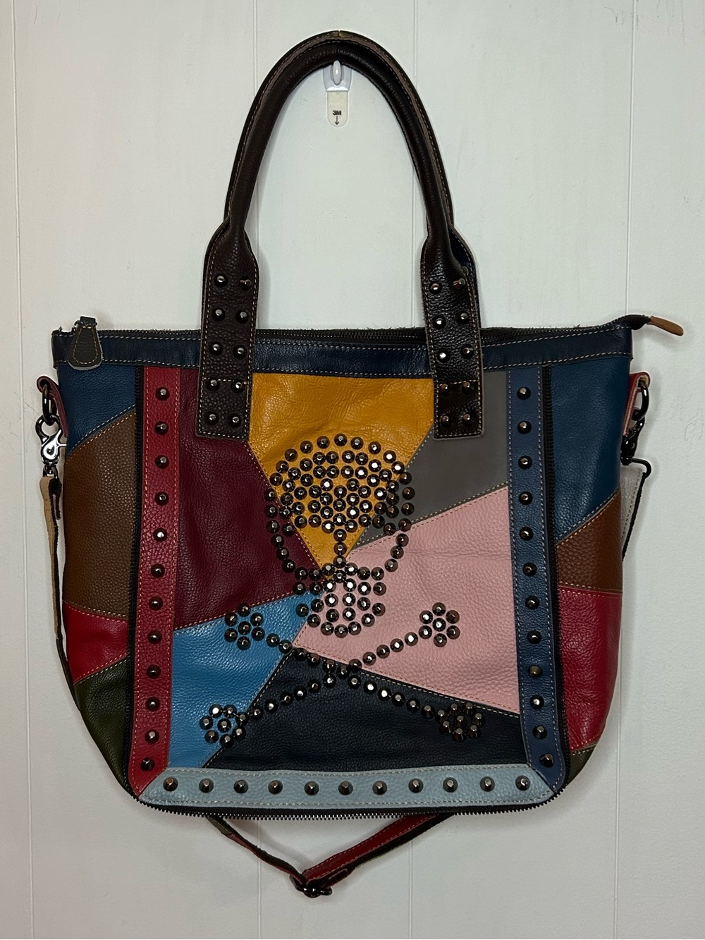 Amerileather Studded Multi-Color Patchwork Crossbones Tote Bag - Women
